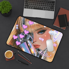 Cyber Pop Desk Mat — Retro Pixel Hearts & 'Hello!' Aesthetic Mouse Pad