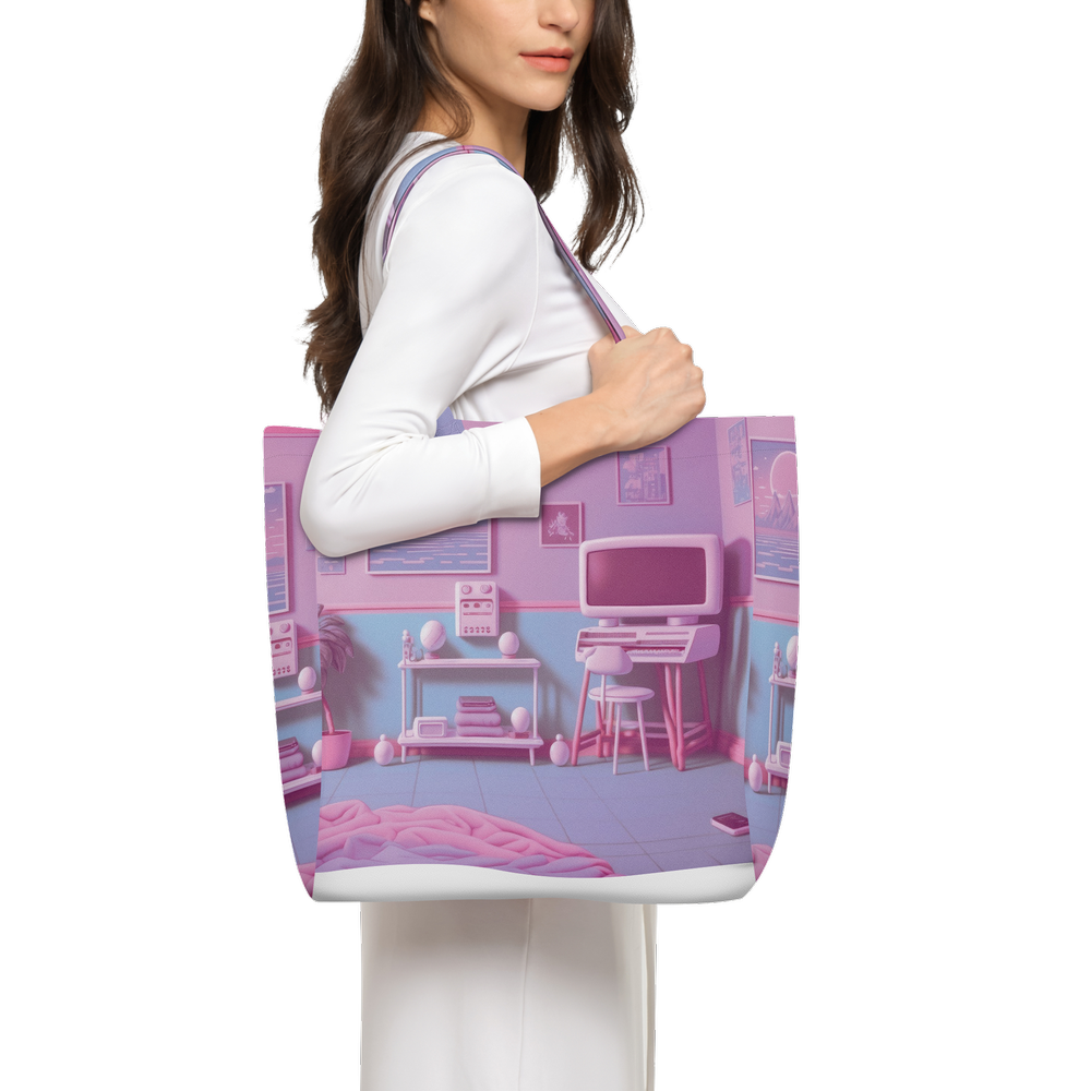 Lofi Vaporwave Large City Tote Bag Lined with Inside Pocket – Linen Like Fabric