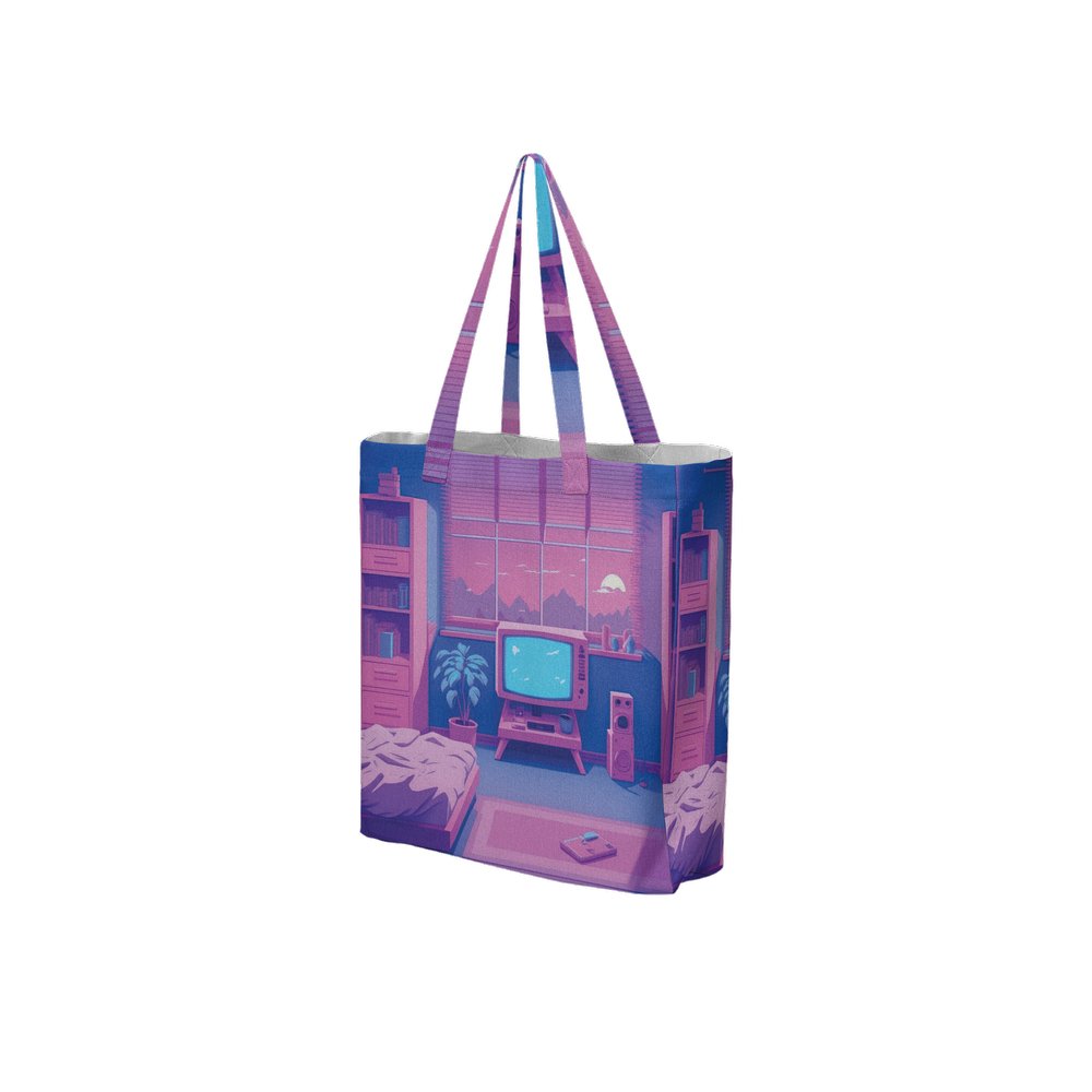 Lofi Vaporwave Large City Tote Bag Lined with Inside Pocket – Linen Like Fabric - Existential Quotes