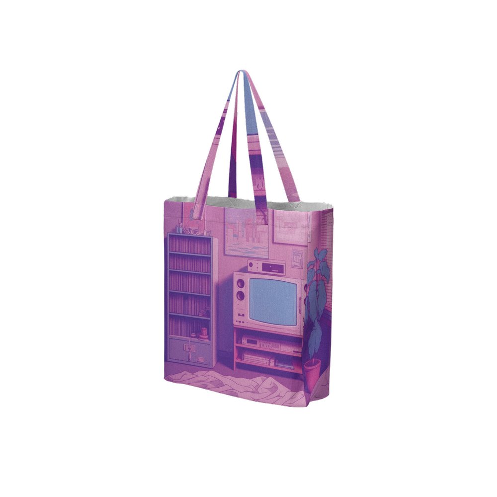 Lofi Vaporwave Large City Tote Bag Lined with Inside Pocket – Linen Like Fabric - Existential Quotes