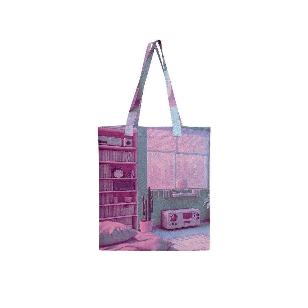 Lofi Vaporwave Large City Tote Bag Lined with Inside Pocket – Linen Like Fabric - Existential Quotes