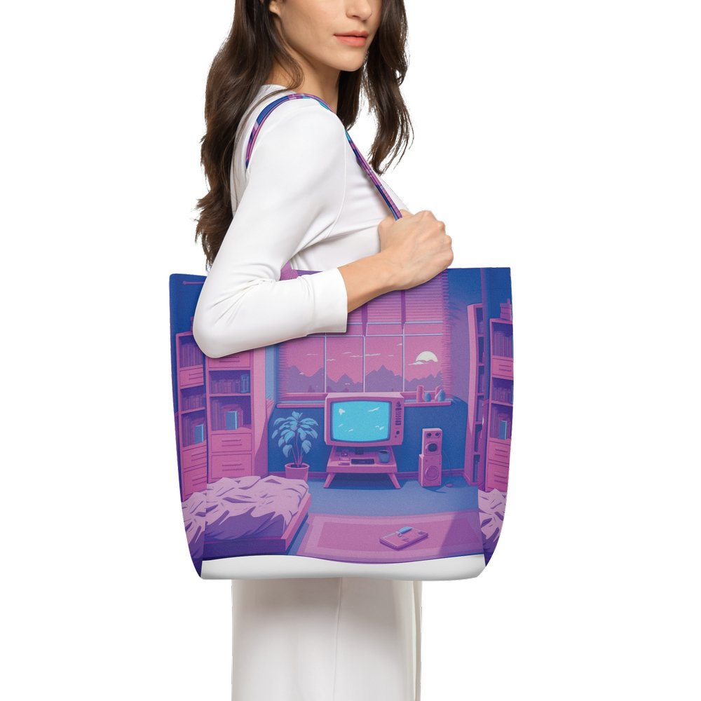 Lofi Vaporwave Large City Tote Bag Lined with Inside Pocket – Linen Like Fabric - Existential Quotes