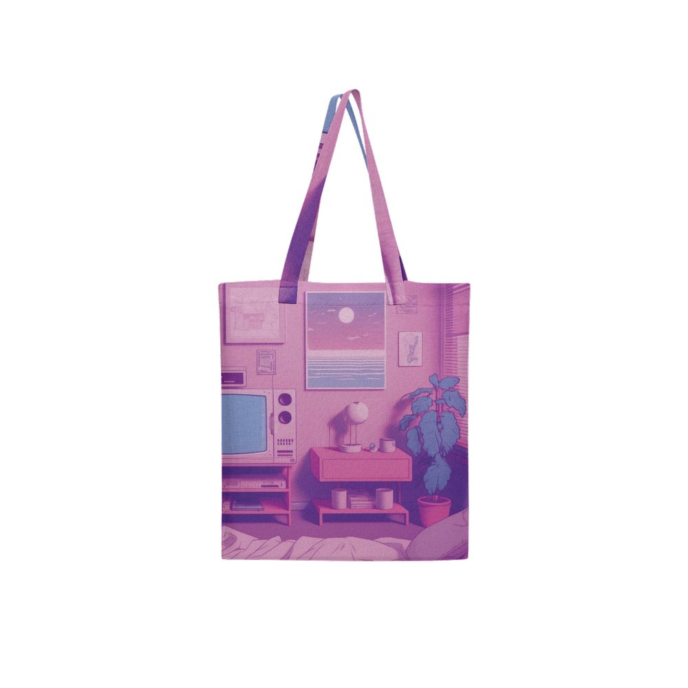 Lofi Vaporwave Large City Tote Bag Lined with Inside Pocket – Linen Like Fabric - Existential Quotes