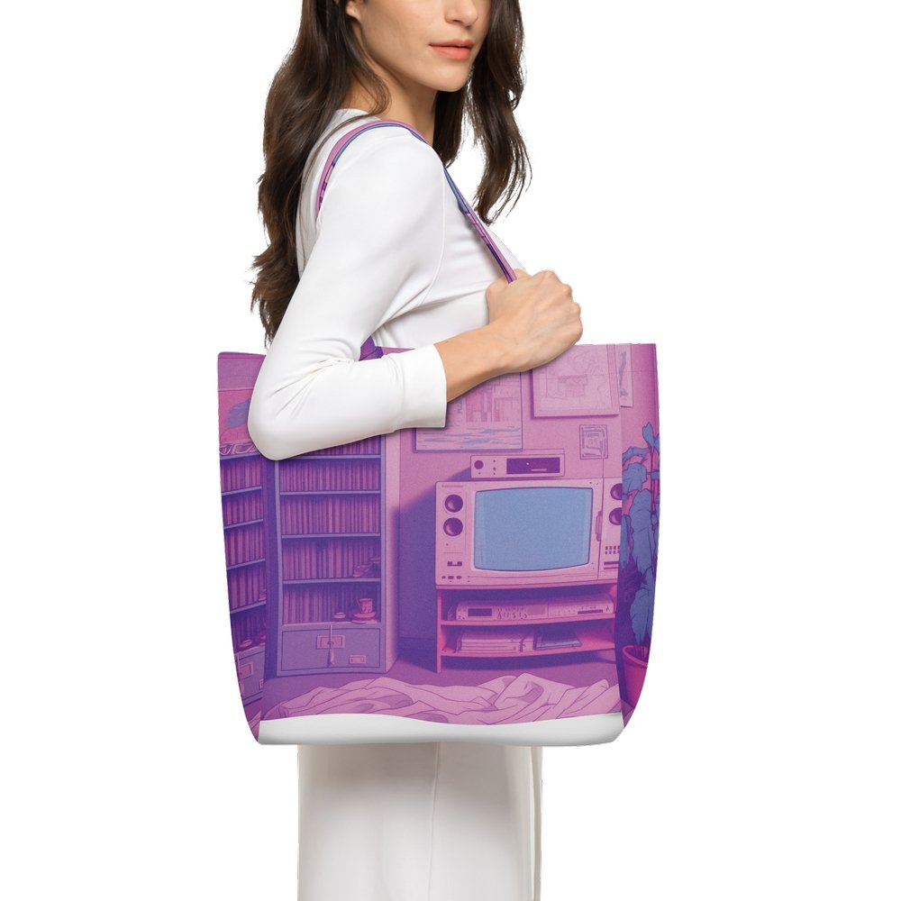 Lofi Vaporwave Large City Tote Bag Lined with Inside Pocket – Linen Like Fabric - Existential Quotes