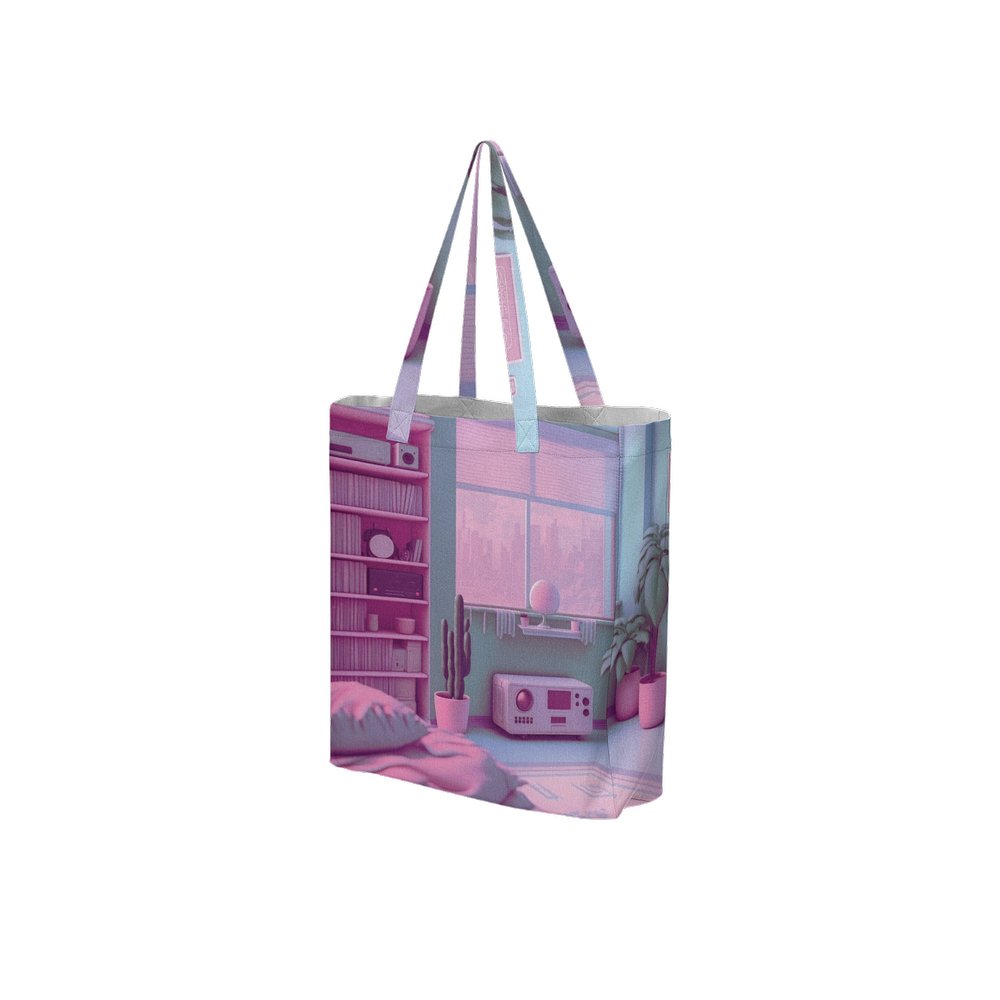 Lofi Vaporwave Large City Tote Bag Lined with Inside Pocket – Linen Like Fabric - Existential Quotes