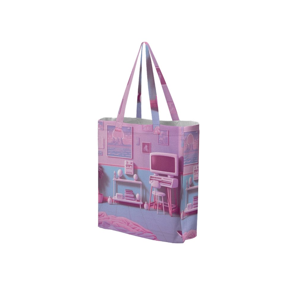 Lofi Vaporwave Large City Tote Bag Lined with Inside Pocket – Linen Like Fabric - Existential Quotes