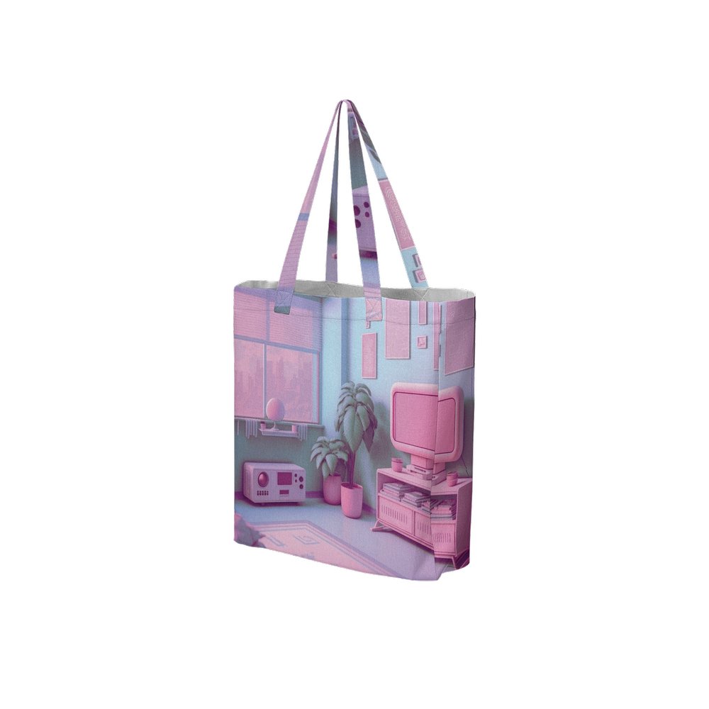 Lofi Vaporwave Large City Tote Bag Lined with Inside Pocket – Linen Like Fabric - Existential Quotes