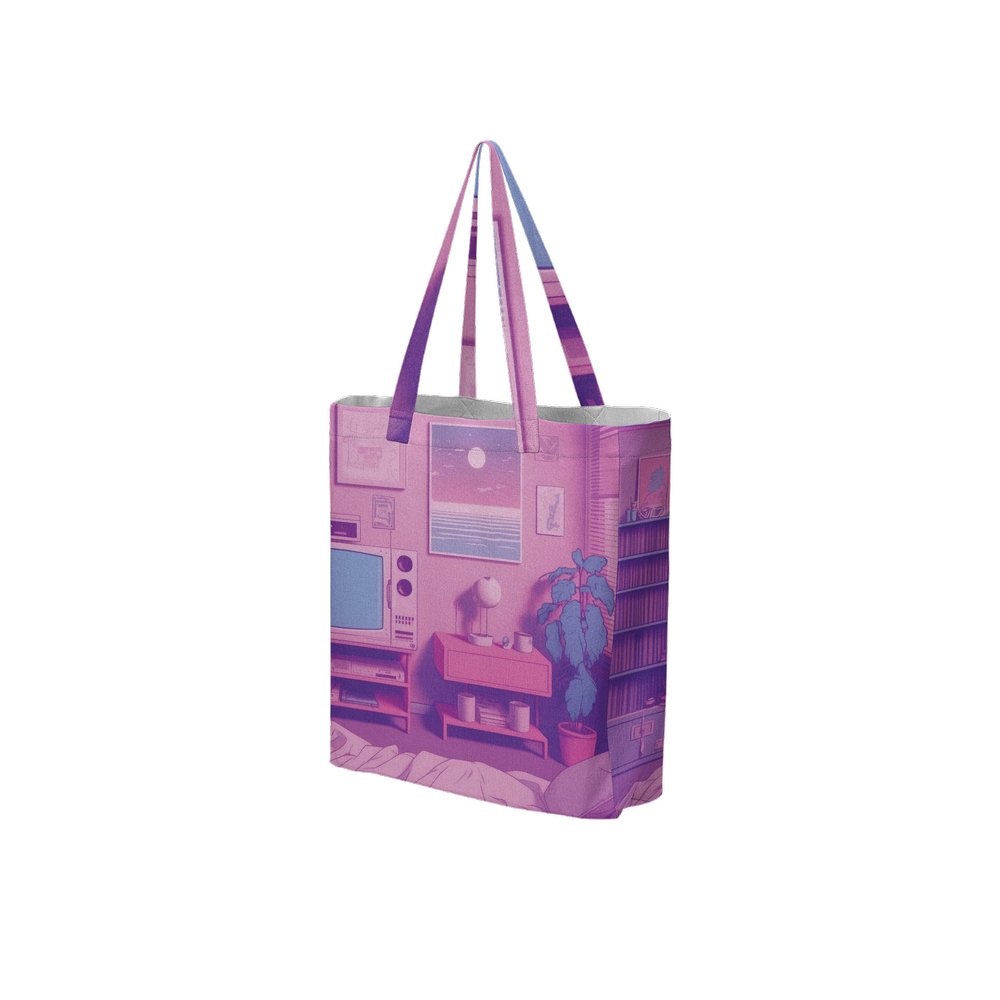 Lofi Vaporwave Large City Tote Bag Lined with Inside Pocket – Linen Like Fabric - Existential Quotes