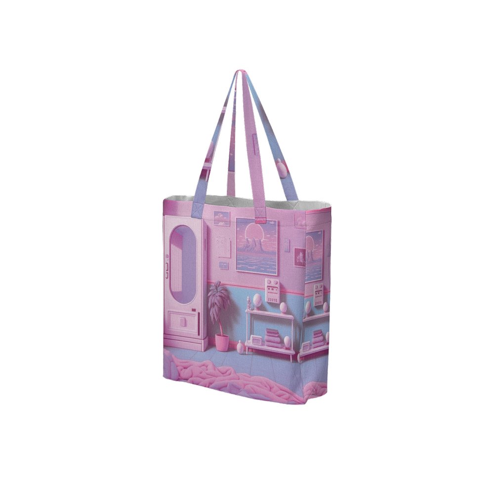 Lofi Vaporwave Large City Tote Bag Lined with Inside Pocket – Linen Like Fabric - Existential Quotes