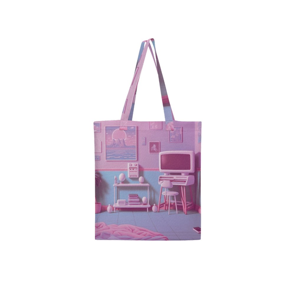 Lofi Vaporwave Large City Tote Bag Lined with Inside Pocket – Linen Like Fabric - Existential Quotes