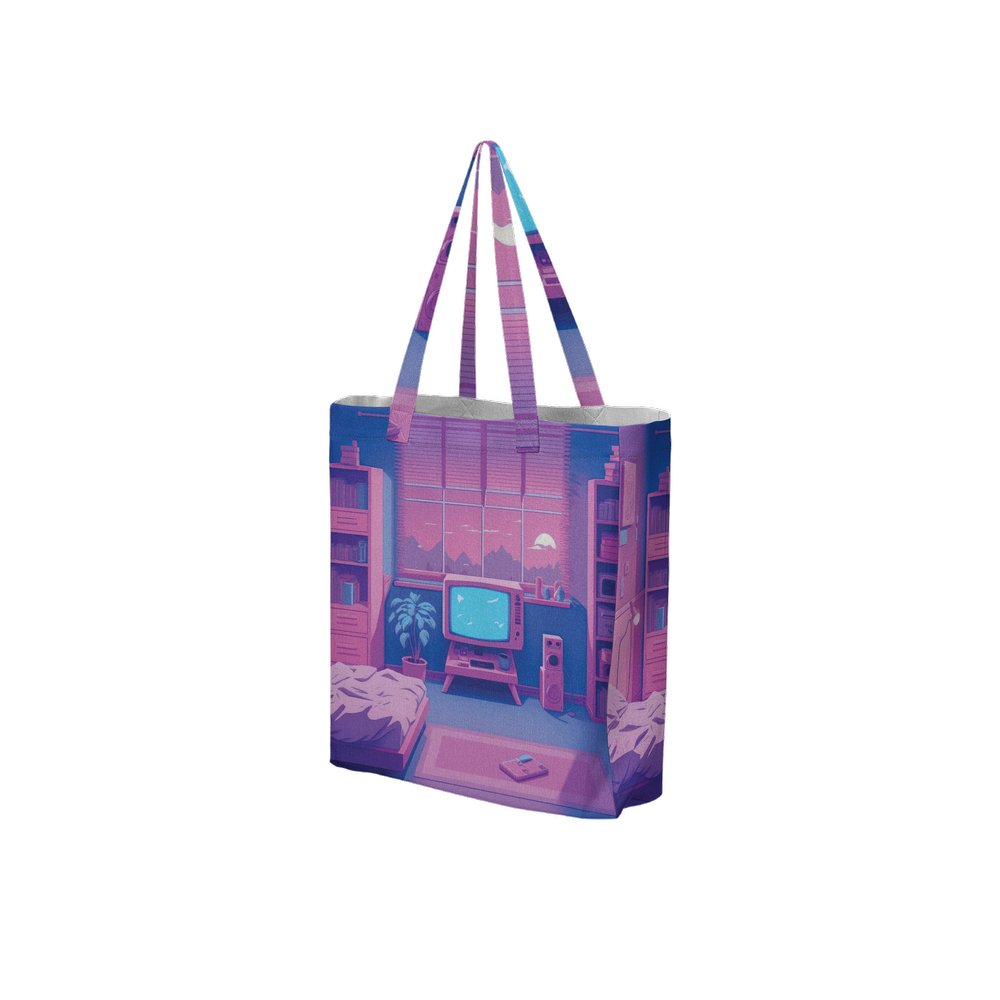 Lofi Vaporwave Large City Tote Bag Lined with Inside Pocket – Linen Like Fabric - Existential Quotes