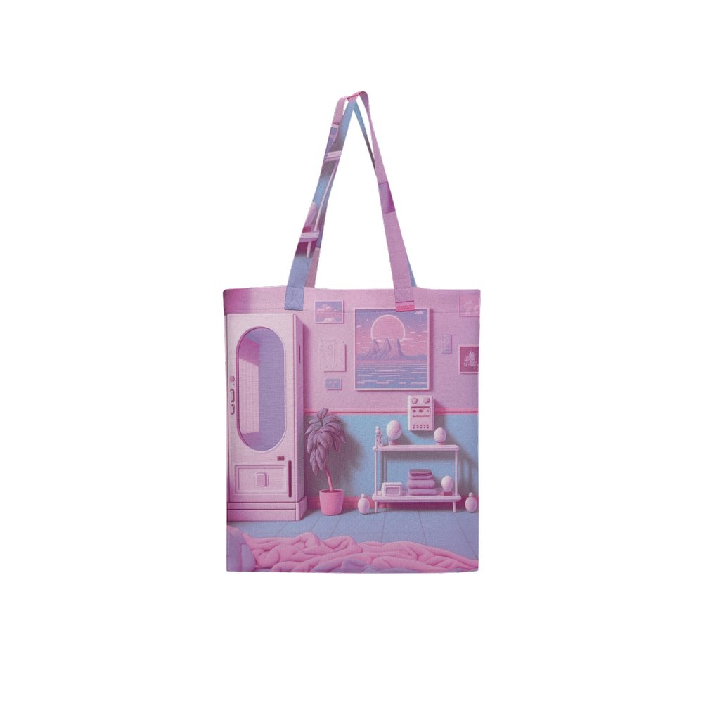 Lofi Vaporwave Large City Tote Bag Lined with Inside Pocket – Linen Like Fabric - Existential Quotes