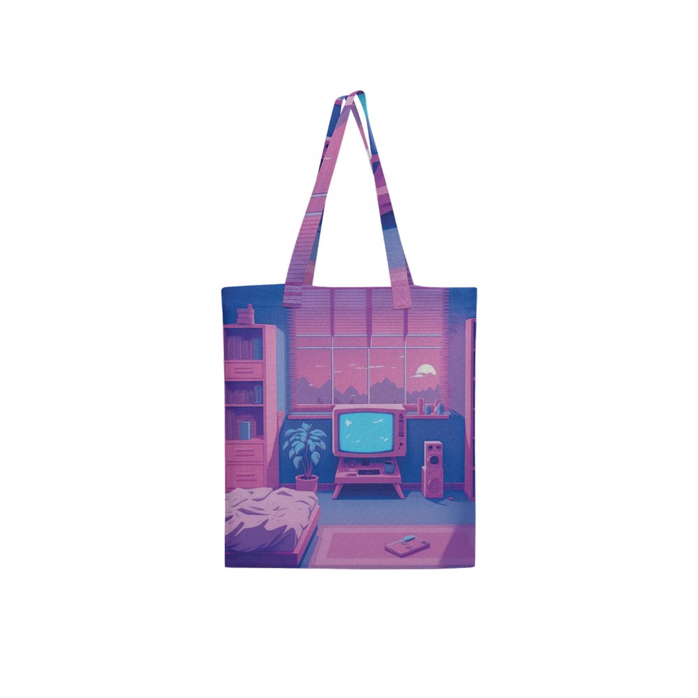 Lofi Vaporwave Large City Tote Bag Lined with Inside Pocket – Linen Like Fabric - Existential Quotes