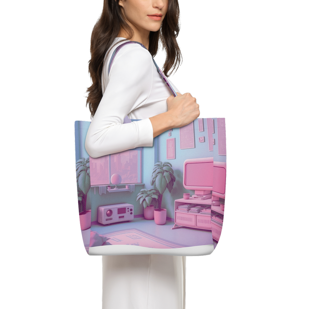 Lofi Vaporwave Large City Tote Bag Lined with Inside Pocket – Linen Like Fabric